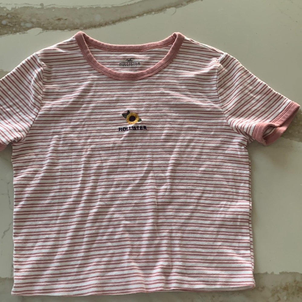 Hollister pink striped top with flower detail, size S